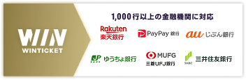 1000行以上の金融機関に対応 例:楽天銀行、PayPay銀行、auじぶん銀行、ゆうちょ銀行、三菱UFJ銀行、三井住友銀行